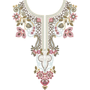 Elegant Floral Drop Neckline Embroidery Design with Ornamental Vine Detailing