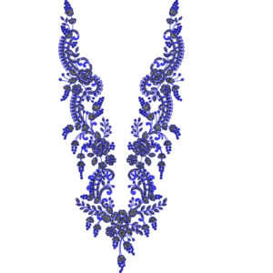 Royal Blue Ornamental V-Neck Embroidery Design with Intricate Floral and Paisley Detailing