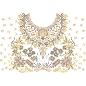 Ornate Floral and Paisley Round Neckline Embroidery Design with Scattered Buti Accents