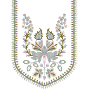 Pastel Floral U-Shape Neckline Embroidery Design with Leafy Border Detailing
