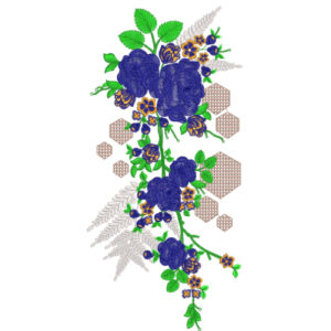 Modern Blue Floral Neckline Embroidery with Geometric Honeycomb Accent