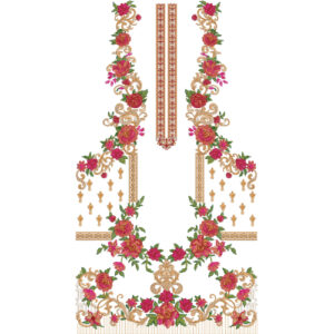 Elegant Rose Floral Neckline Embroidery Design with Ornamental Baroque Scrollwork for Luxury Dress Front