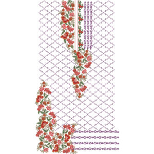 Elegant Floral Vine Neckline Embroidery Design with Geometric Lattice Pattern for Stylish Dress Front