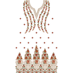 Elegant Floral Neckline Embroidery Design with Cascading Rose Vines and Ornamental Dress Border