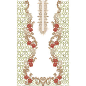 Luxury Rose Floral Neckline Embroidery Design with Ornamental Scrollwork and Geometric Dress Front Pattern