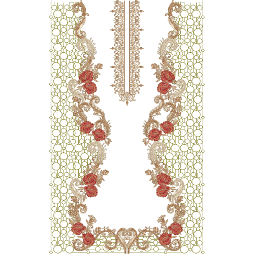 Luxury Rose Floral Neckline Embroidery Design with Ornamental Scrollwork and Geometric Dress Front Pattern