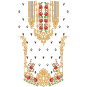 Luxury Rose Floral Neckline Embroidery Design with Ornamental Baroque Motifs and Decorative Dress Front Border