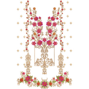 Elegant Floral Bouquet Neckline Embroidery Design with Ornamental Motifs and Decorative Rose Border