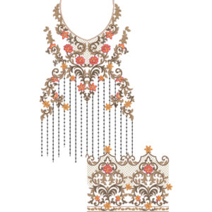 Elegant Ornamental Neckline Embroidery Design with Floral Motifs and Decorative Hanging Tassel Pattern