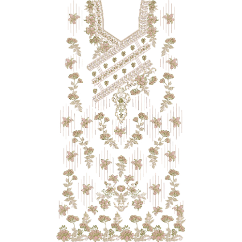 Elegant Floral Neckline Embroidery Design with Diagonal Decorative Panels and Delicate Flower Vine Pattern