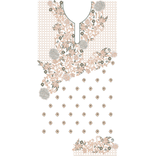 Elegant Floral Neckline Embroidery Design with Diagonal Botanical Vine Pattern and Decorative Dress Panel