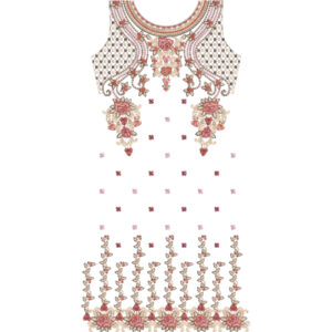 Elegant Rose Floral Neckline Embroidery Design with Geometric Lattice Pattern and Decorative Floral Border