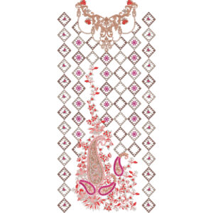 Elegant Paisley Floral Neckline Embroidery Design with Geometric Diamond Pattern for Dress Front