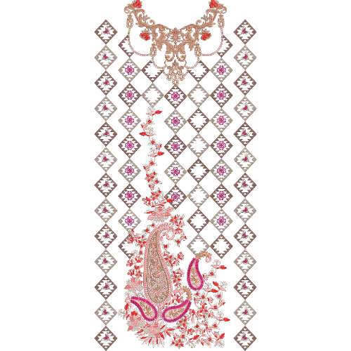 Elegant Paisley Floral Neckline Embroidery Design with Geometric Diamond Pattern for Dress Front