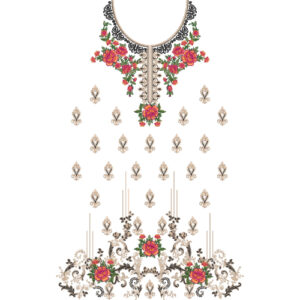 Elegant Rose Floral Neckline Embroidery Design with Ornamental Motifs and Decorative Floral Border