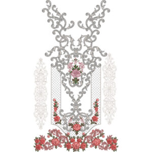 Luxury Ornamental Neckline Embroidery Design with Rose Floral Motifs and Decorative Dress Border