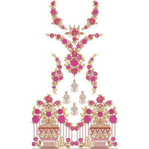 Elegant Rose Floral Necklace Style Embroidery Design with Decorative Floral Pots Border for Dress Front