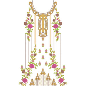 Elegant Rose Floral Neckline Embroidery Design with Ornamental Hanging Vines and Decorative Border