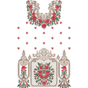 Luxury Red Rose Neckline Embroidery Design with Ornamental Scrollwork and Decorative Floral Panel Border