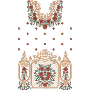 Elegant Rose Floral Neckline Embroidery Design with Ornamental Scrollwork and Decorative Floral Panel Border