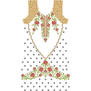 Elegant Rose Floral Neckline Embroidery Design with Geometric Circle Pattern and Decorative Floral Border