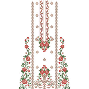 Elegant Rose Floral Dress Embroidery Design with Ornamental Vertical Panels and Decorative Vine Border