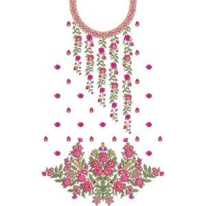 Elegant Pink Floral Necklace Neckline Embroidery Design with Cascading Flower Vines and Decorative Floral Border
