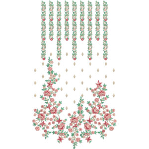 Elegant Floral Vine Dress Embroidery Design with Vertical Hanging Flower Strips and Decorative Floral Border