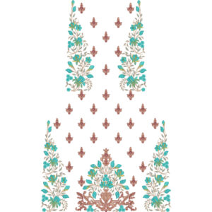 Elegant Blue Floral Vine Dress Embroidery Design with Symmetrical Botanical Panels and Decorative Base Motif