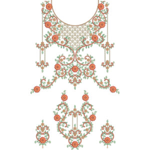 Elegant Floral Neckline Embroidery Design with Ornamental Scrollwork and Decorative Flower Motifs