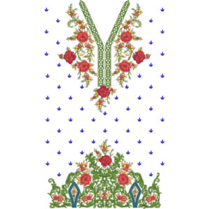 Elegant Rose Floral V-Neck Dress Embroidery Design with Ornamental Vine Border and Decorative Motifs