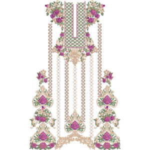Elegant Floral Panel Dress Embroidery Design with Geometric Lattice Neckline and Ornamental Vertical Stripes