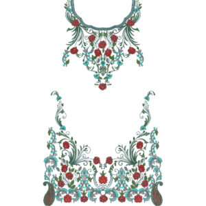 Elegant Rose Floral Neckline Embroidery Design with Ornamental Vine Border and Decorative Paisley Motifs