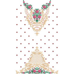 Elegant Rose Floral V-Neck Embroidery Design with Ornamental Scrollwork and Decorative Dress Border