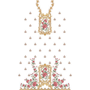 Elegant Floral Medallion Neckline Embroidery Design with Ornamental Scrollwork and Rose Border