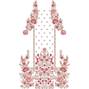 Elegant Floral Panel Dress Embroidery Design with Symmetrical Flower Vines and Decorative Botanical Border