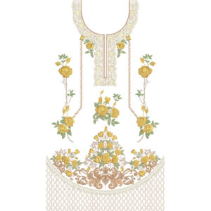 Elegant Yellow Rose Neckline Embroidery Design with Ornamental Panels and Decorative Floral Border