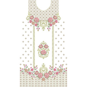 Elegant Pink Rose Neckline Embroidery Design with Ornamental Panels and Decorative Floral Border