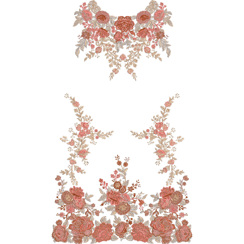 Elegant Floral Dress Embroidery Design with Rose Bouquet Neckline and Decorative Botanical Border