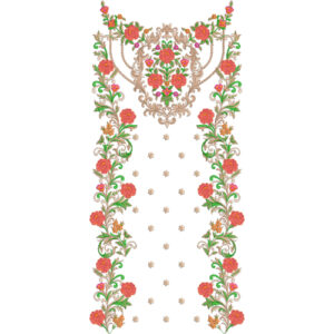Elegant Rose Floral Dress Embroidery Design with Ornamental Neckline Motif and Symmetrical Floral Vine Panels