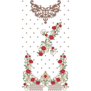 Elegant Red Rose Dress Embroidery Design with Ornamental Neckline Scrollwork and Floral Vine Border