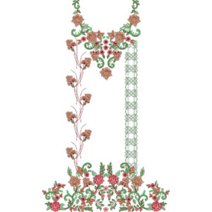 Elegant Floral Dress Embroidery Design with Decorative Vine Neckline and Ornamental Botanical Border