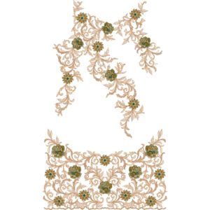 Elegant Floral Scroll Dress Embroidery Design with Ornamental Vine Neckline and Decorative Botanical Border