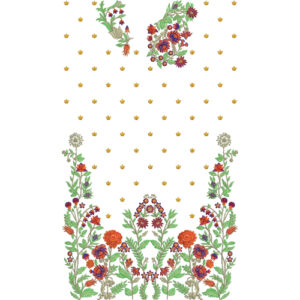 Elegant Multicolor Floral Dress Embroidery Design with Botanical Vine Panels and Decorative Flower Border