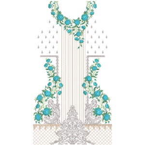 Elegant Blue Rose V-Neck Dress Embroidery Design with Vertical Tassel Lines and Ornamental Floral Border