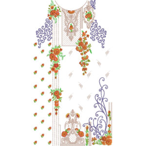 Elegant Floral Dress Embroidery Design with Ornamental Scrollwork, Botanical Vines, and Decorative Panel Motifs