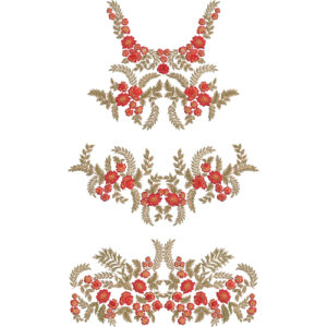 Elegant Red Rose Floral Dress Embroidery Design with Decorative Botanical Motifs and Ornamental Leaf Patterns