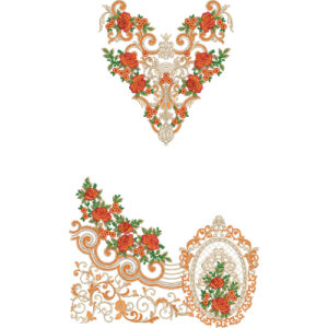 Elegant Rose Floral Dress Embroidery Design with Ornamental Scrollwork and Decorative Floral Frame