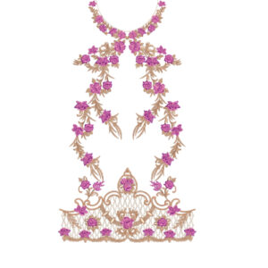 Elegant Purple Floral Neckline Embroidery Design with Decorative Vine Panels and Ornamental Border
