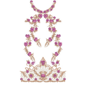 Elegant Purple Rose Neckline Embroidery Design with Symmetrical Floral Vines and Ornamental Border